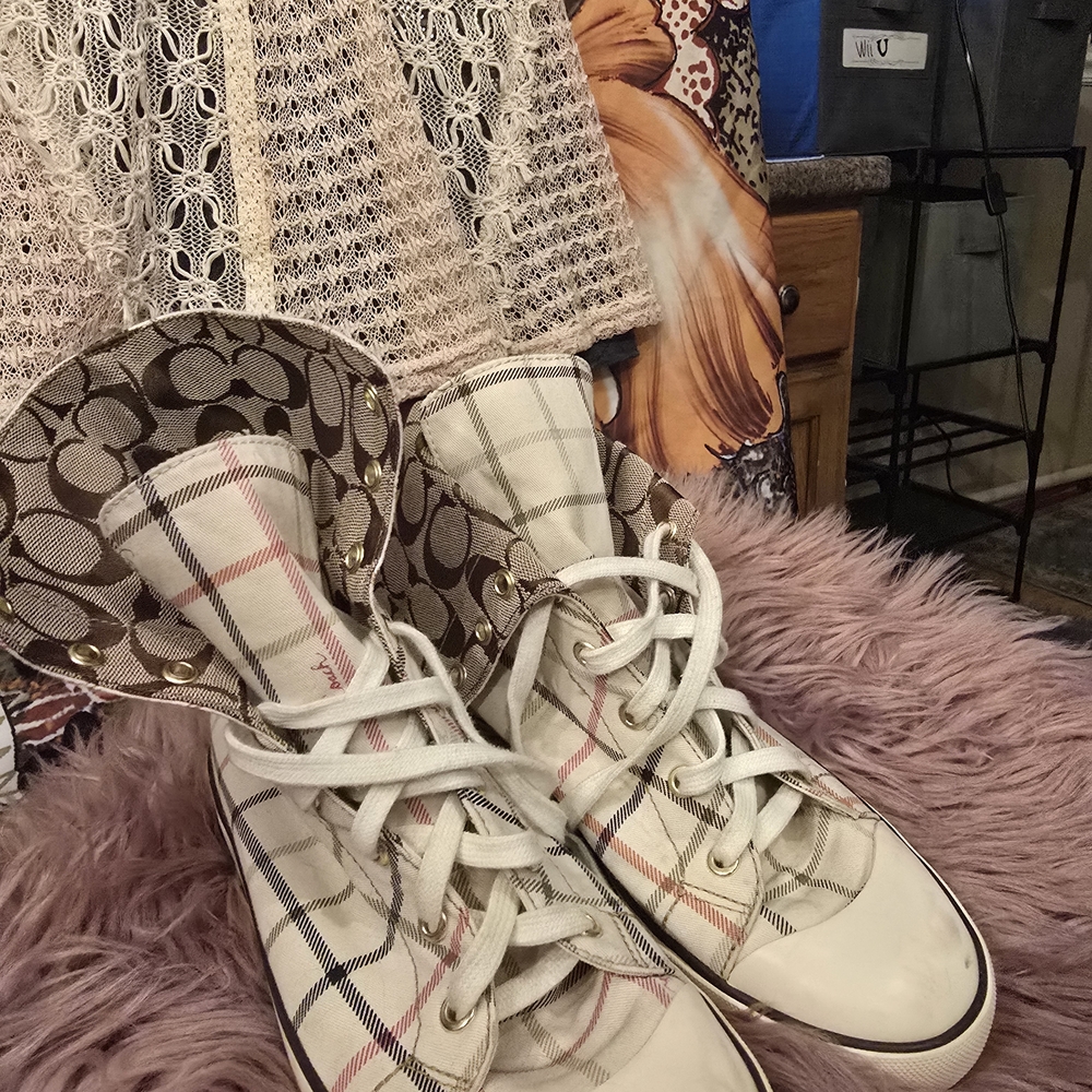 Coach Women's Plaid High-Top Sneakers - Cream and Brown - Picture 6 of 13